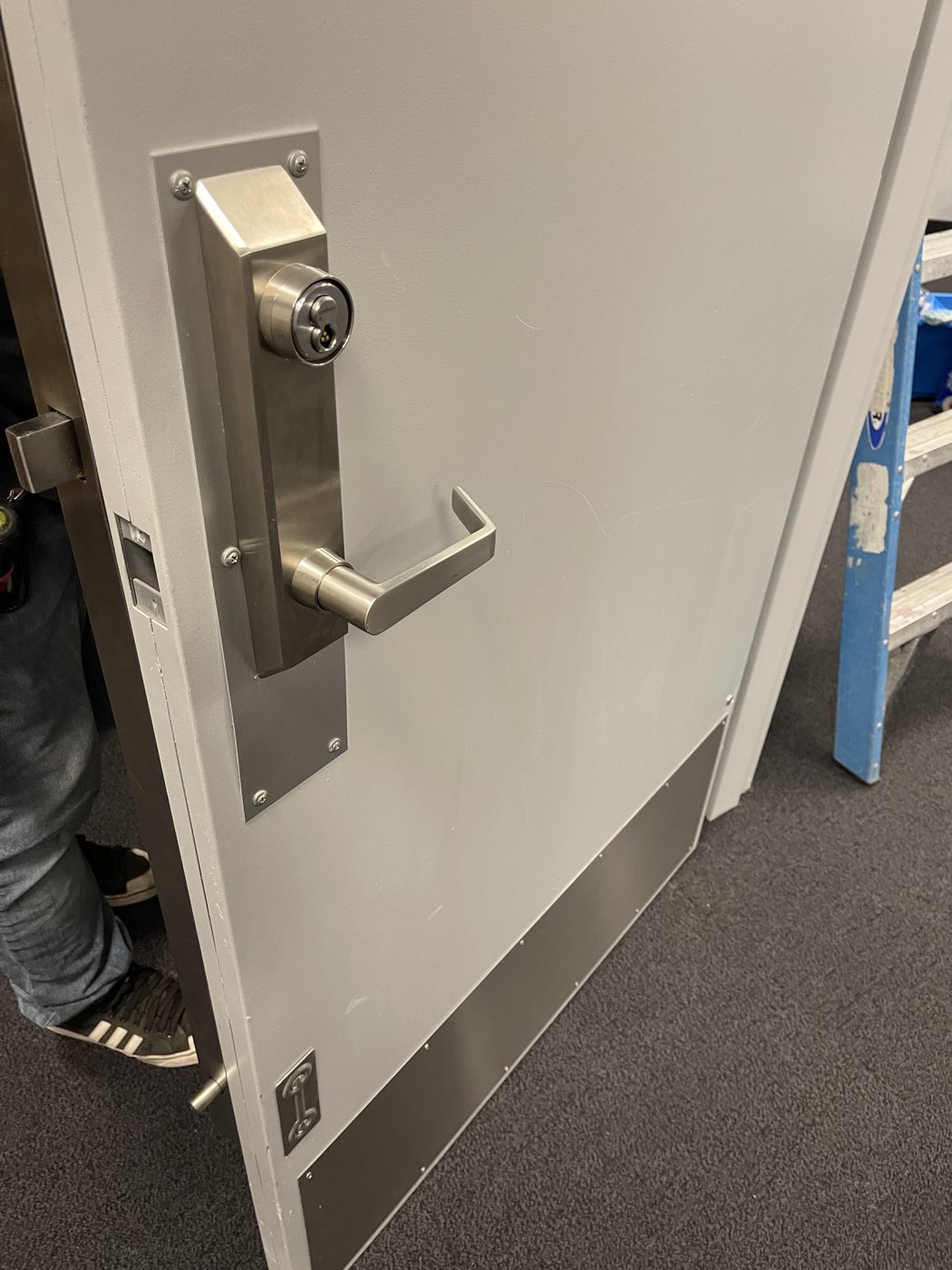 High-security multi-point locking system installed on a commercial security door