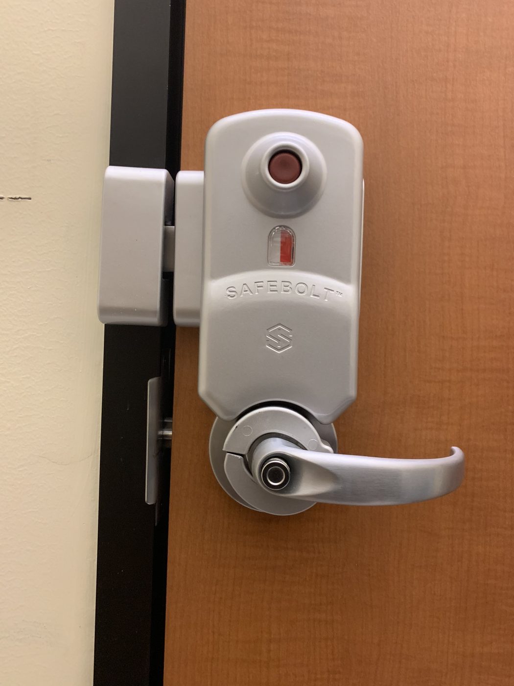 Safebolt mechanical access lock installed on an interior office door