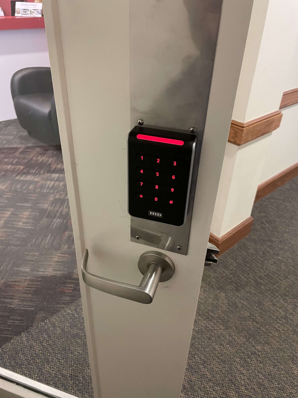 Standalone access control keypad installed on an interior door frame